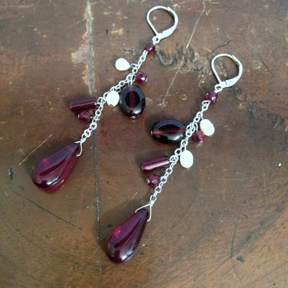Lane Bryant Jewelry - Long Silver and Mixed Red & Pearl Bead Earrings